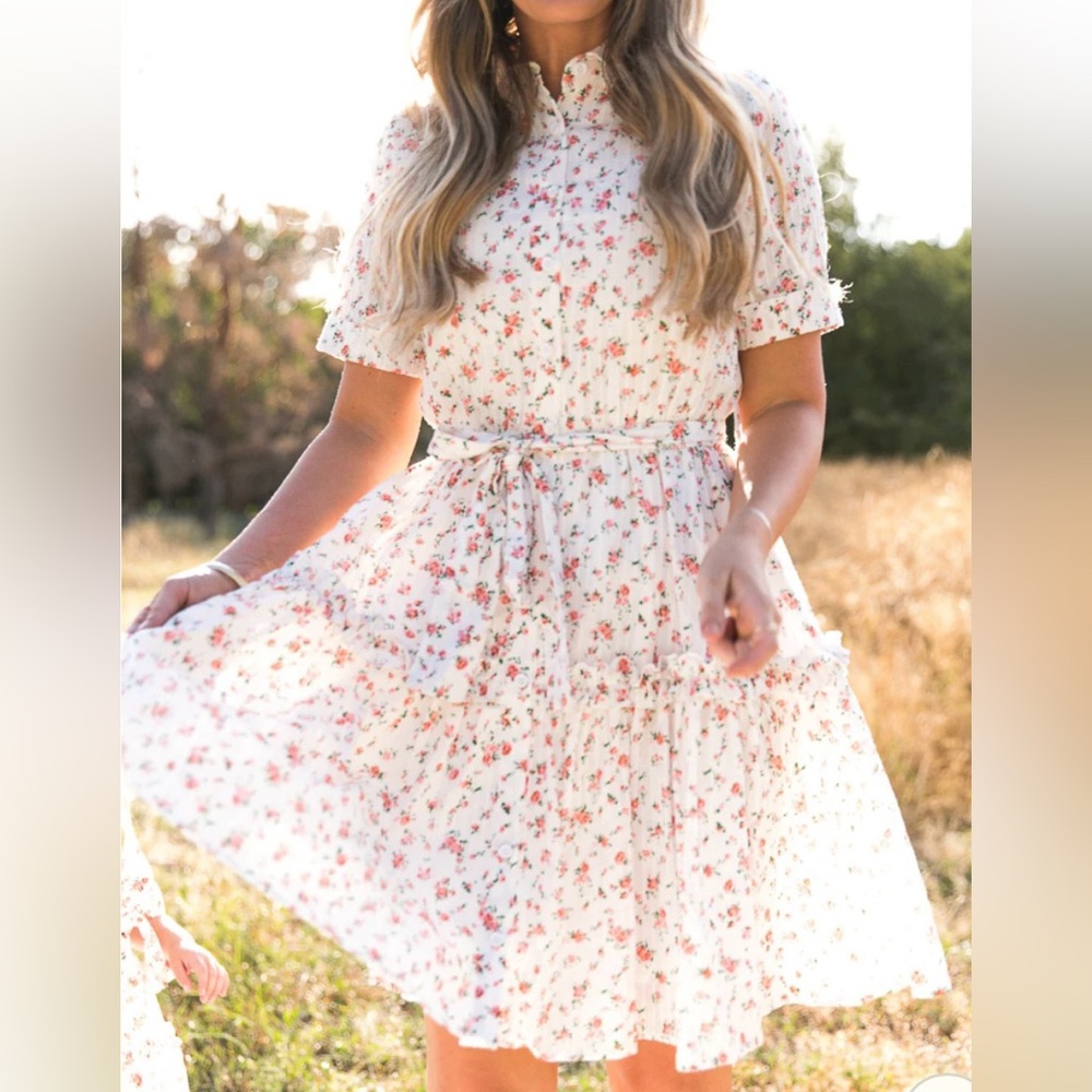 Ivy City Co Cream Floral Mini Dress with Pink Sprig Print